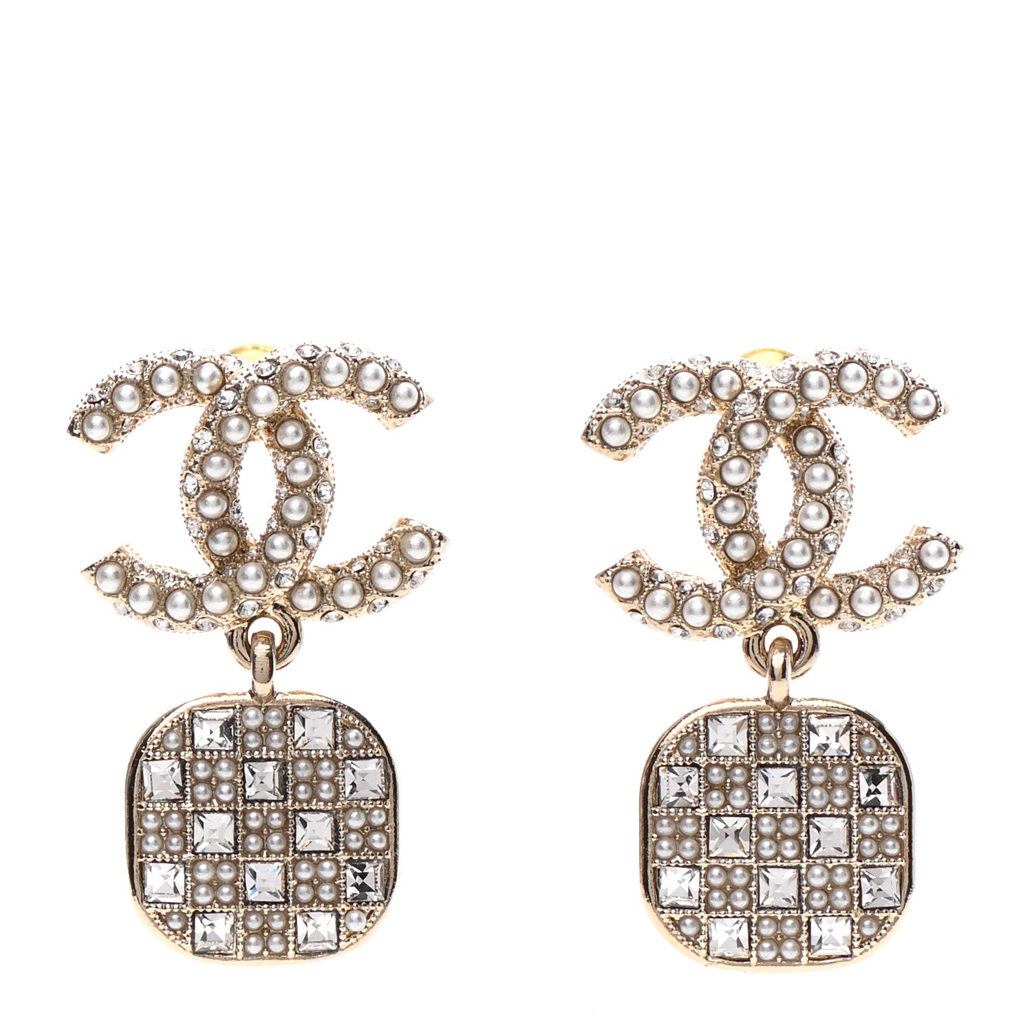 Chanel Pearl Baguette Crystal CC Drop Earrings Gold 1 of 4