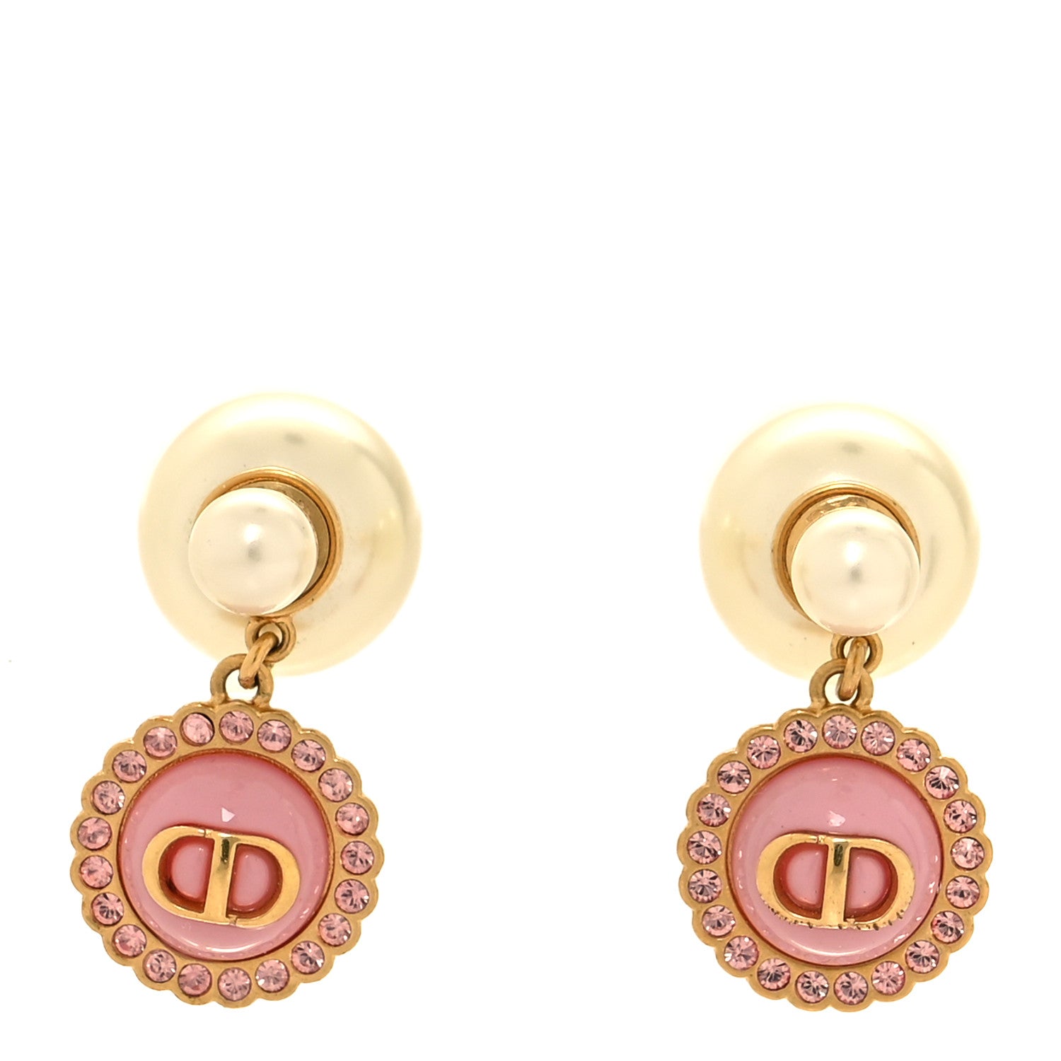 Christian Dior Resin Pearl Glass Logo Tribales Earrings Gold Pink 1 of 4