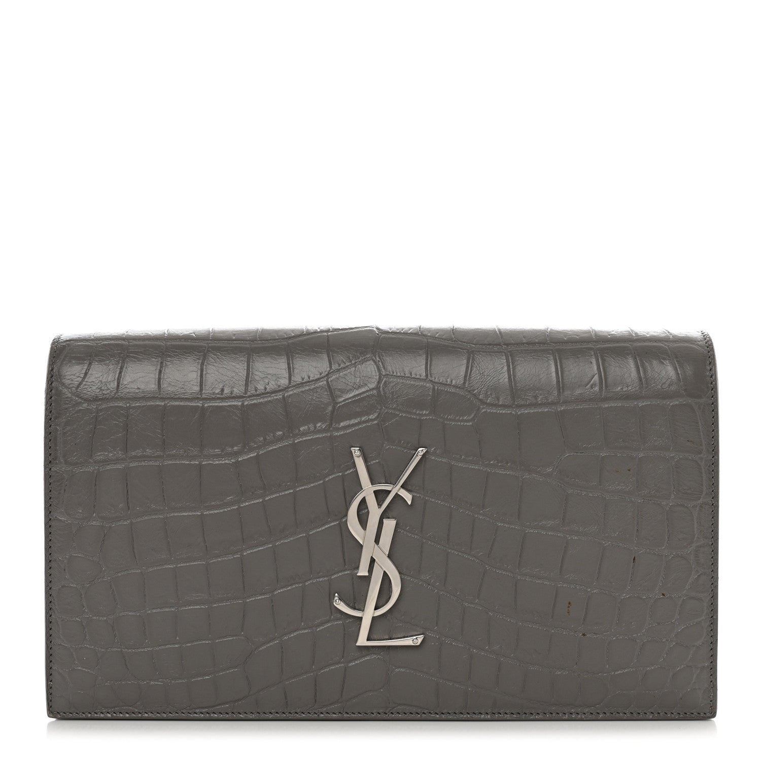 Saint Laurent Croc Embossed Calfskin Classic Kate Monogram Clutch Fog 1 of 8