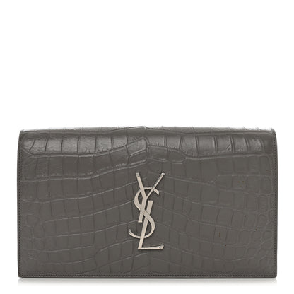 Saint Laurent Croc Embossed Calfskin Classic Kate Monogram Clutch Fog 1 of 8