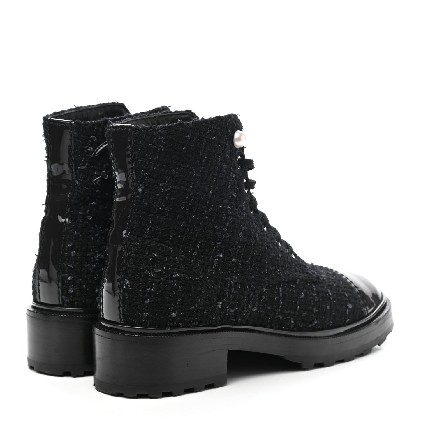 Tweed Patent Calfskin Pearl Combat Short Boots 38.5 Black Grey