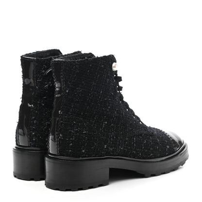 Chanel Tweed Patent Calfskin Pearl Combat Short Boots 38.5 Black Grey 4 of 9