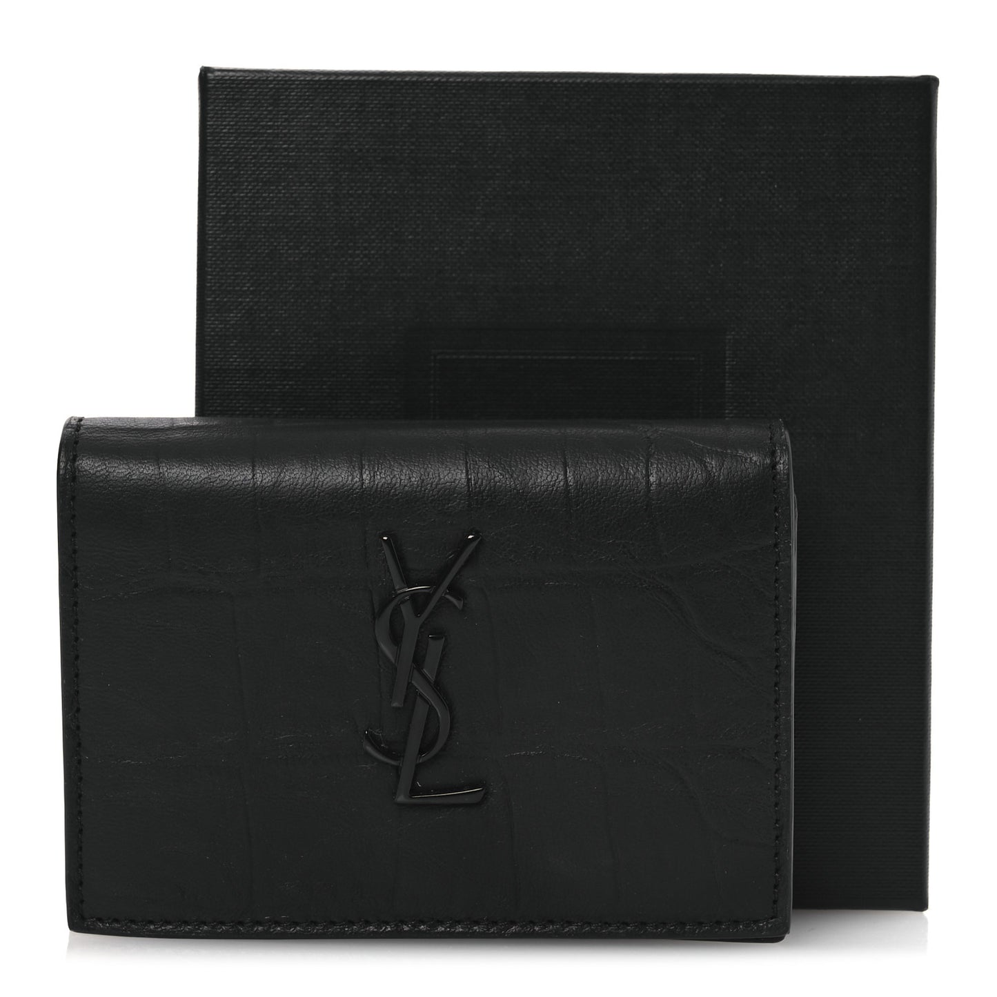 Calfskin Crocodile Embossed Monogram Monochrome Business Card Holder Black