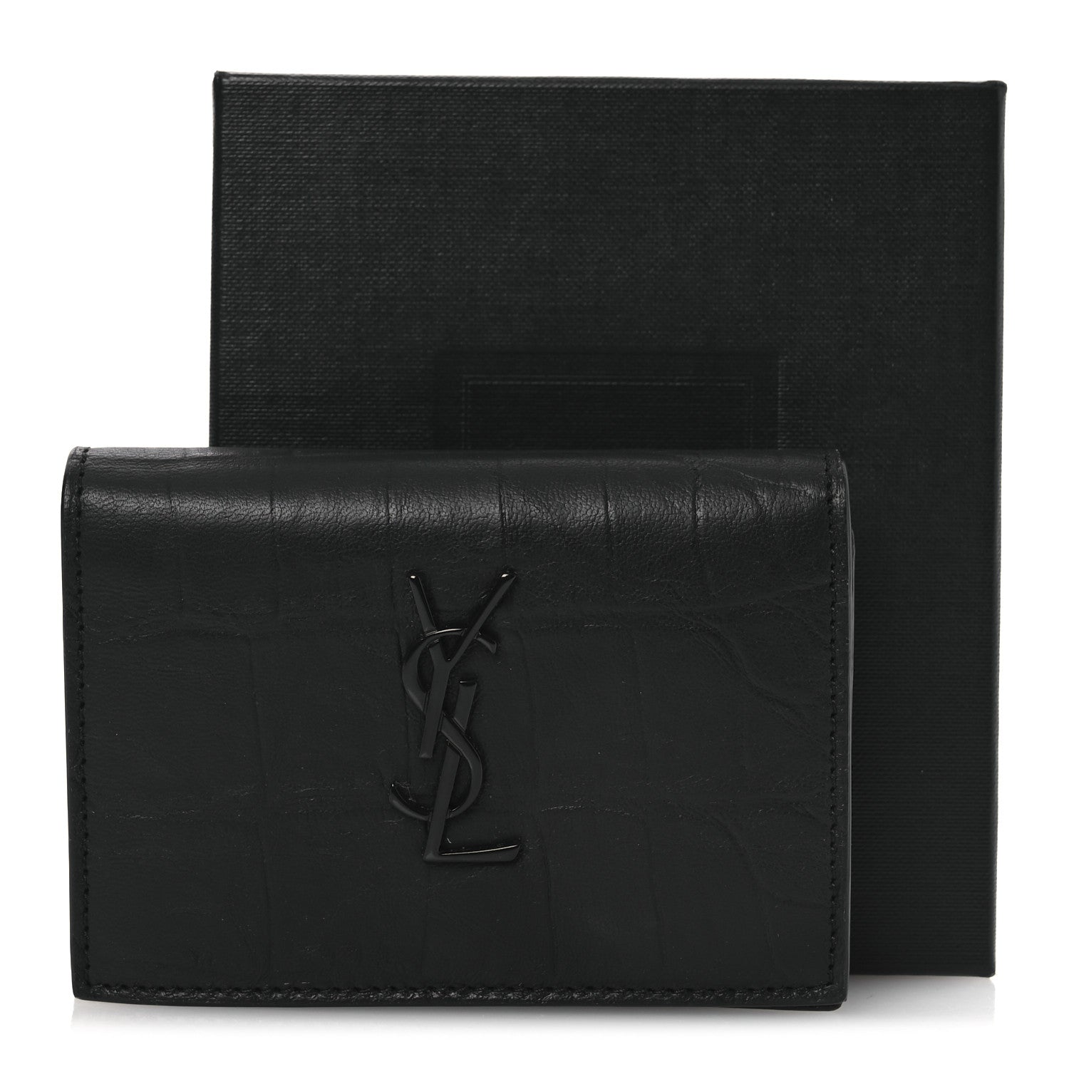 Saint Laurent Calfskin Crocodile Embossed Monogram Monochrome Business Card Holder Black 9 of 9