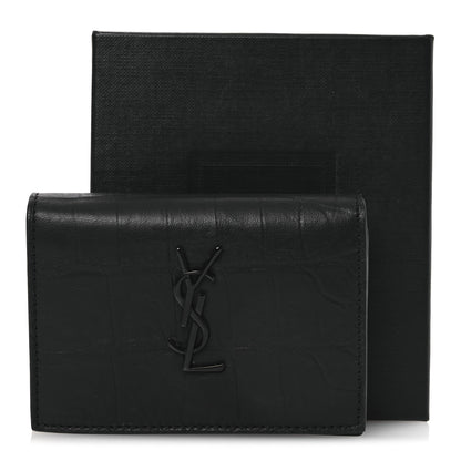 Saint Laurent Calfskin Crocodile Embossed Monogram Monochrome Business Card Holder Black 9 of 9