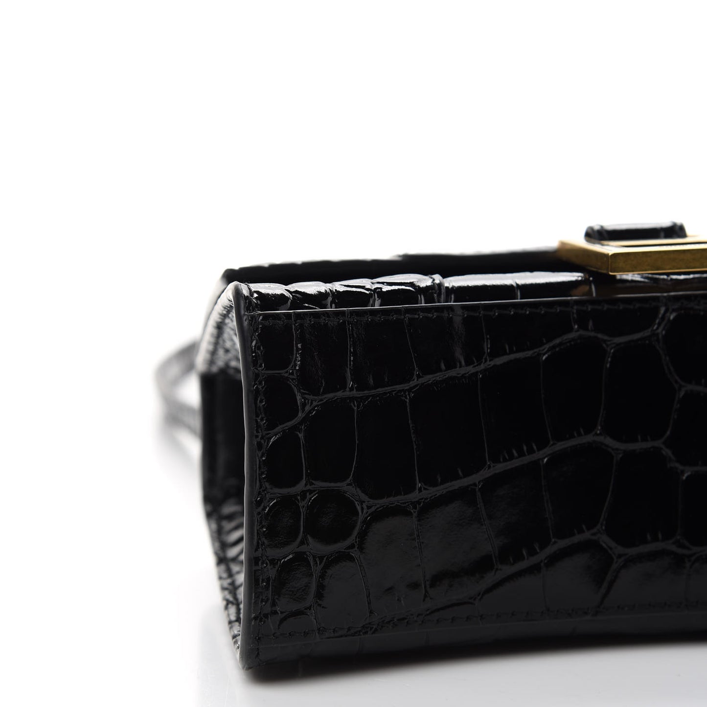 Shiny Calfskin Crocodile Embossed Hourglass Top Handle Bag XS Black