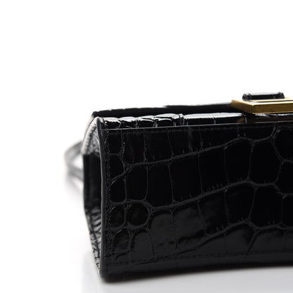 Balenciaga Shiny Calfskin Crocodile Embossed Hourglass Top Handle Bag XS Black 7 of 8