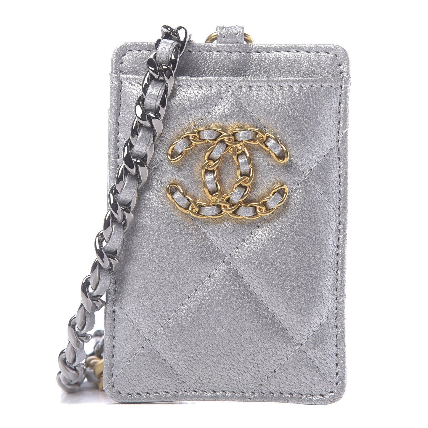 Metallic Goatskin Quilted 19 Card Holder On Chain Silver