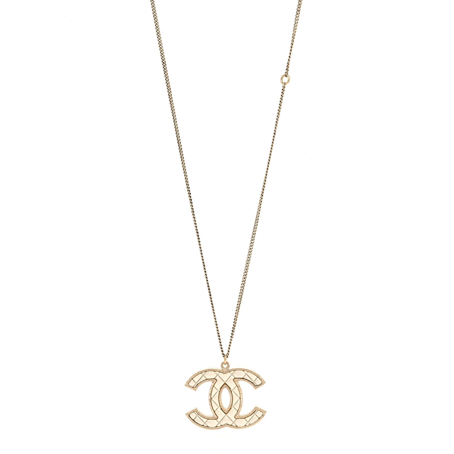 Chanel Metal Quilted CC Pendant Necklace Gold White 1 of 5