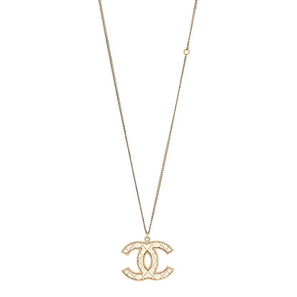 Chanel Metal Quilted CC Pendant Necklace Gold White 1 of 5