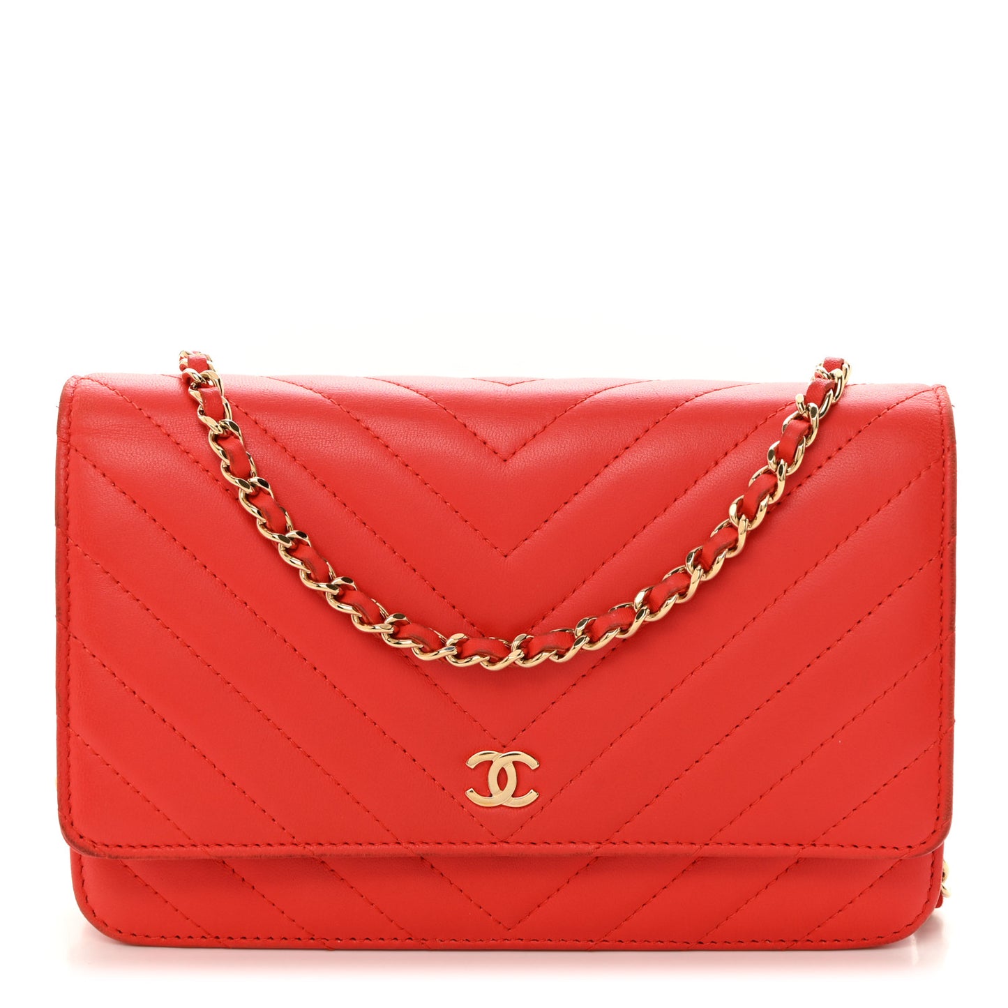 Lambskin Chevron Quilted Wallet On Chain WOC Red
