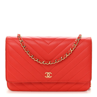 Chanel Lambskin Chevron Quilted Wallet On Chain WOC Red 1 of 13