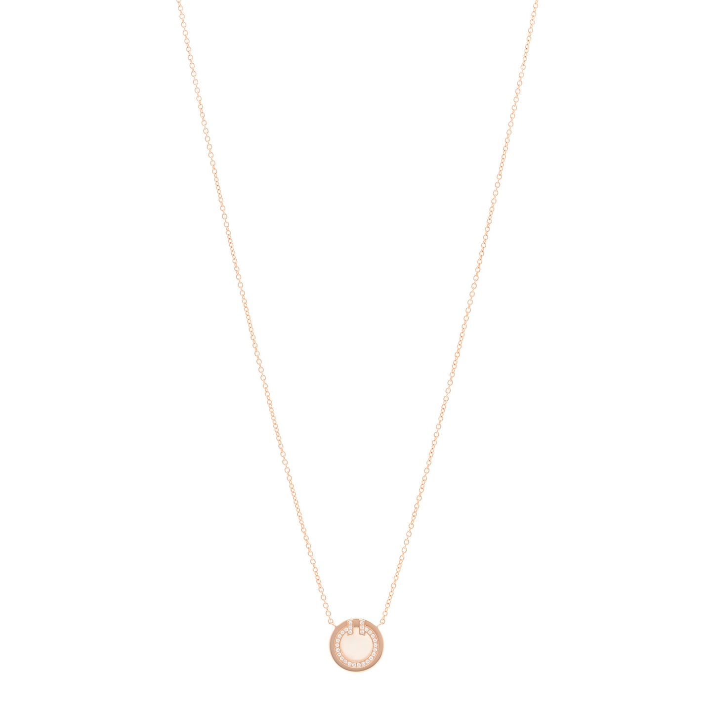 18K Rose Gold Diamond Mother of Pearl Small T Circle Pendant Necklace