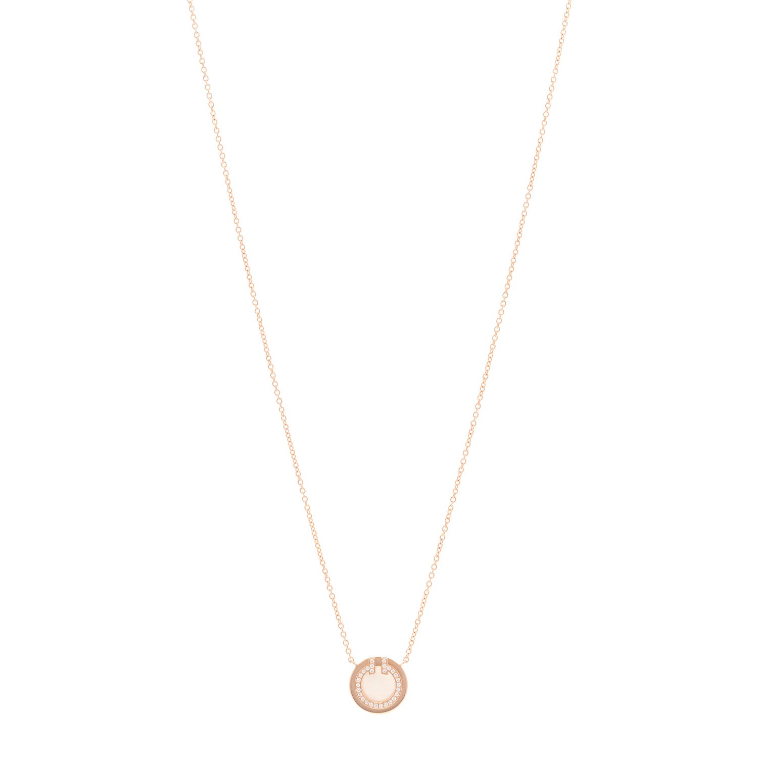 Tiffany 18K Rose Gold Diamond Mother of Pearl Small T Circle Pendant Necklace 1 of 5