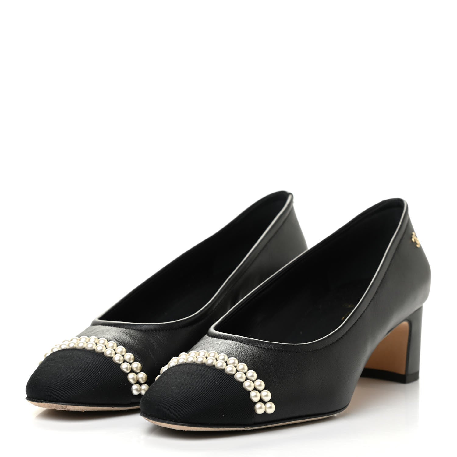 Chanel Lambskin Grosgrain Pearl Cap Toe CC Pumps 38.5 Black 3 of 8