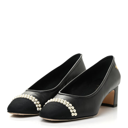 Chanel Lambskin Grosgrain Pearl Cap Toe CC Pumps 38.5 Black 3 of 8