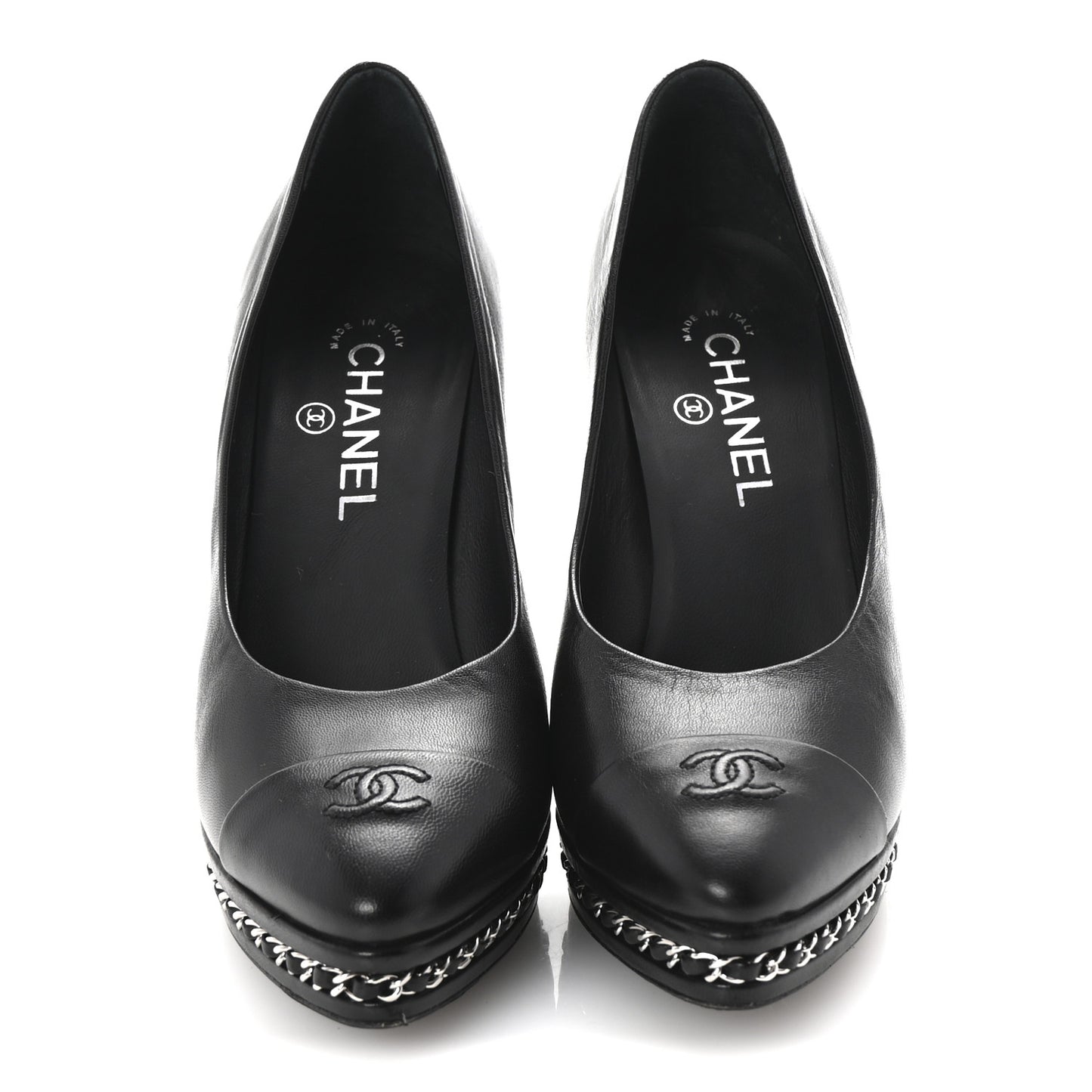 Lambskin CC Cap Toe Platform Chain Pumps 39 Black