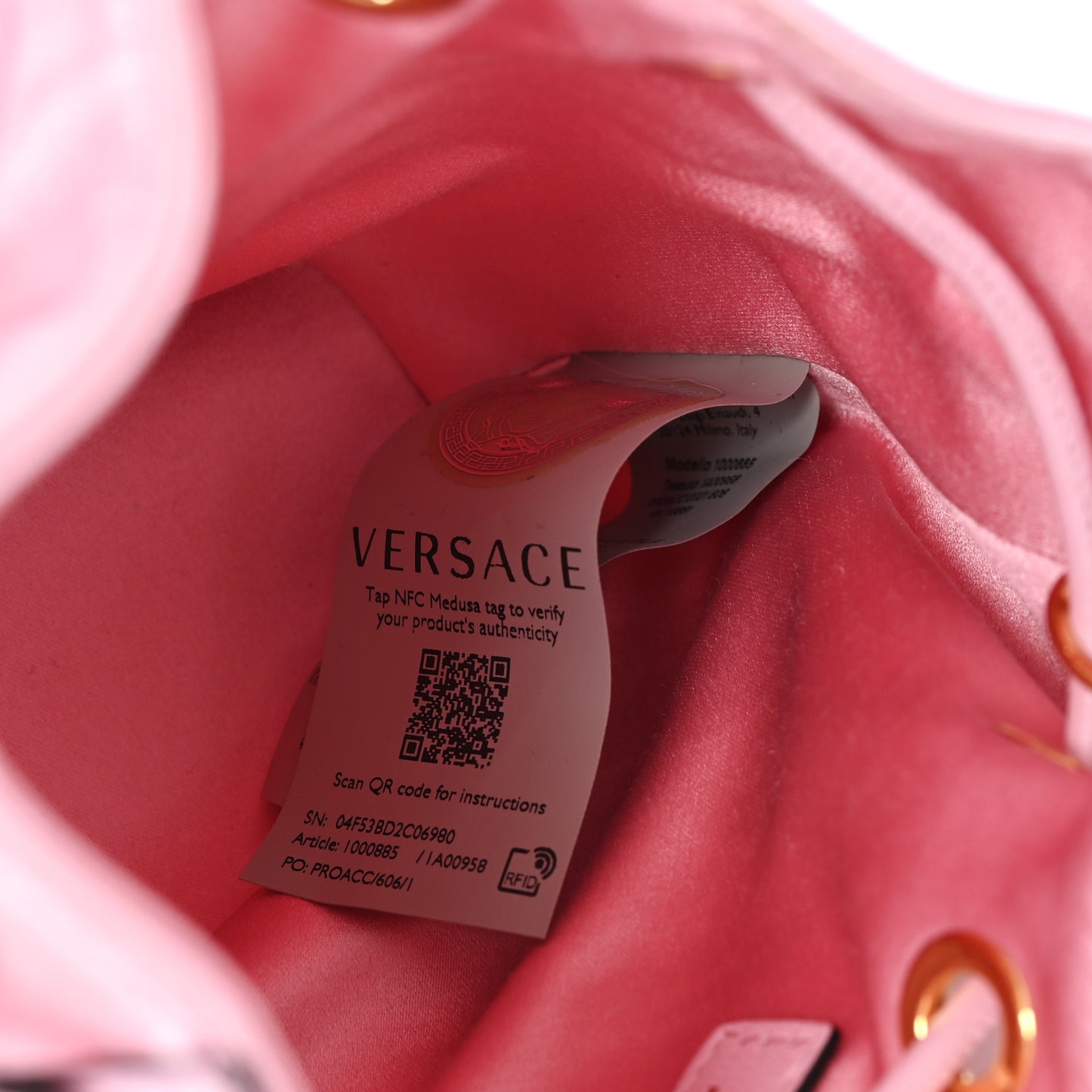 Satin Medusa Drawstring Bucket Bag Pink