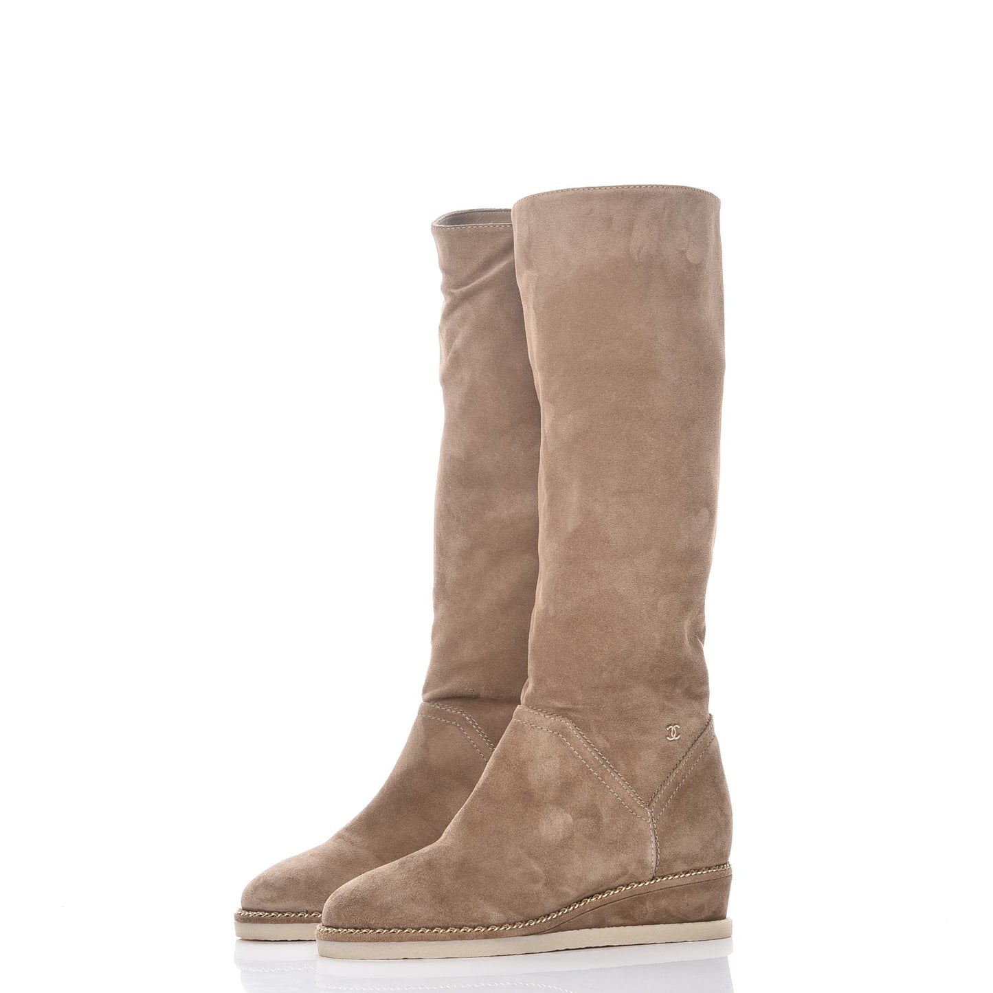 Suede Calfskin Chain Around High Boots 36 Beige