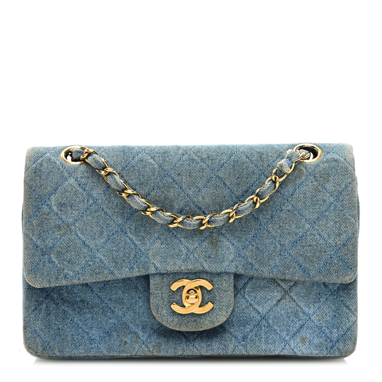Denim Quilted Medium Double Flap Light Blue