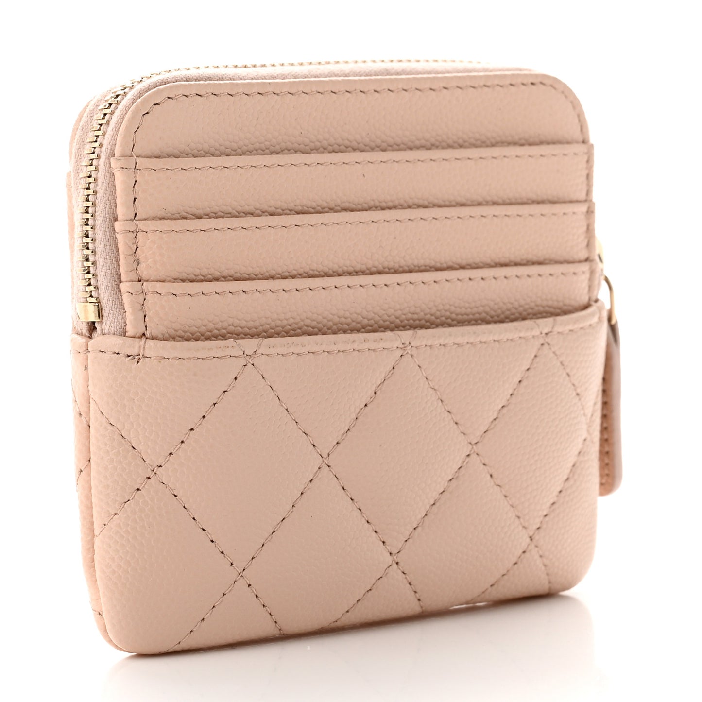 Caviar Quilted Zip Card Holder Wallet Light Beige