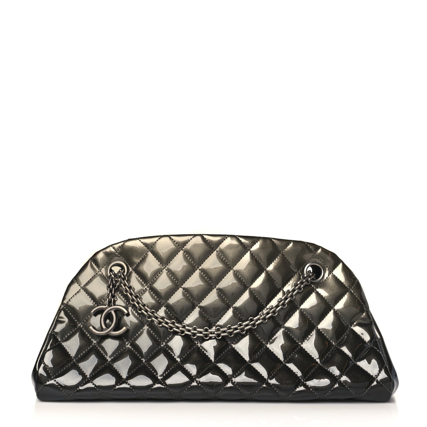 Chanel Metallic Patent Quilted Medium Just Mademoiselle Bowling Bag Silver Degrade 1 of 10