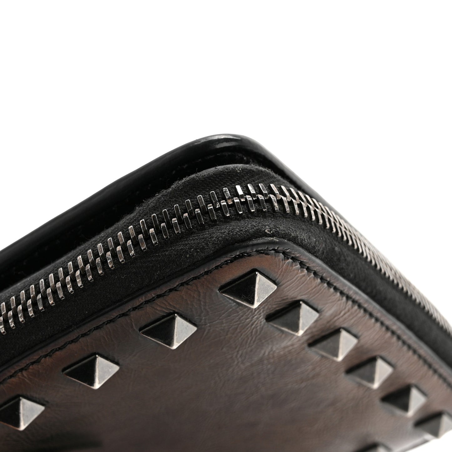 Metallic Wrinkled Calfskin Rockstud Compact Zip Around Wallet Bronze