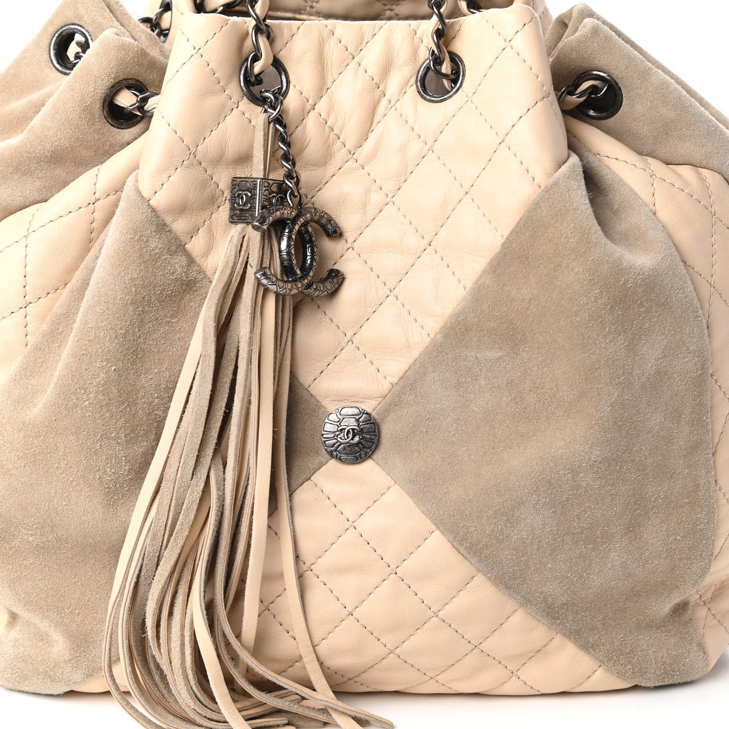 Calfskin Suede Quilted Patchwork Drawstring Bag Beige