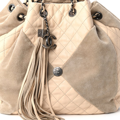 Chanel Calfskin Suede Quilted Patchwork Drawstring Bag Beige 10 of 11