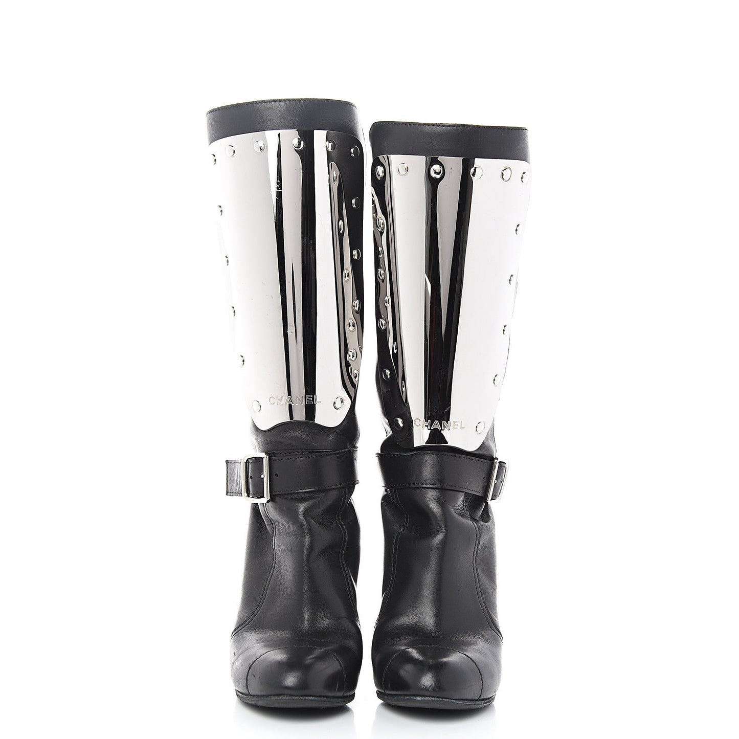 Calfskin Metal Plate Biker Boots 37 Black