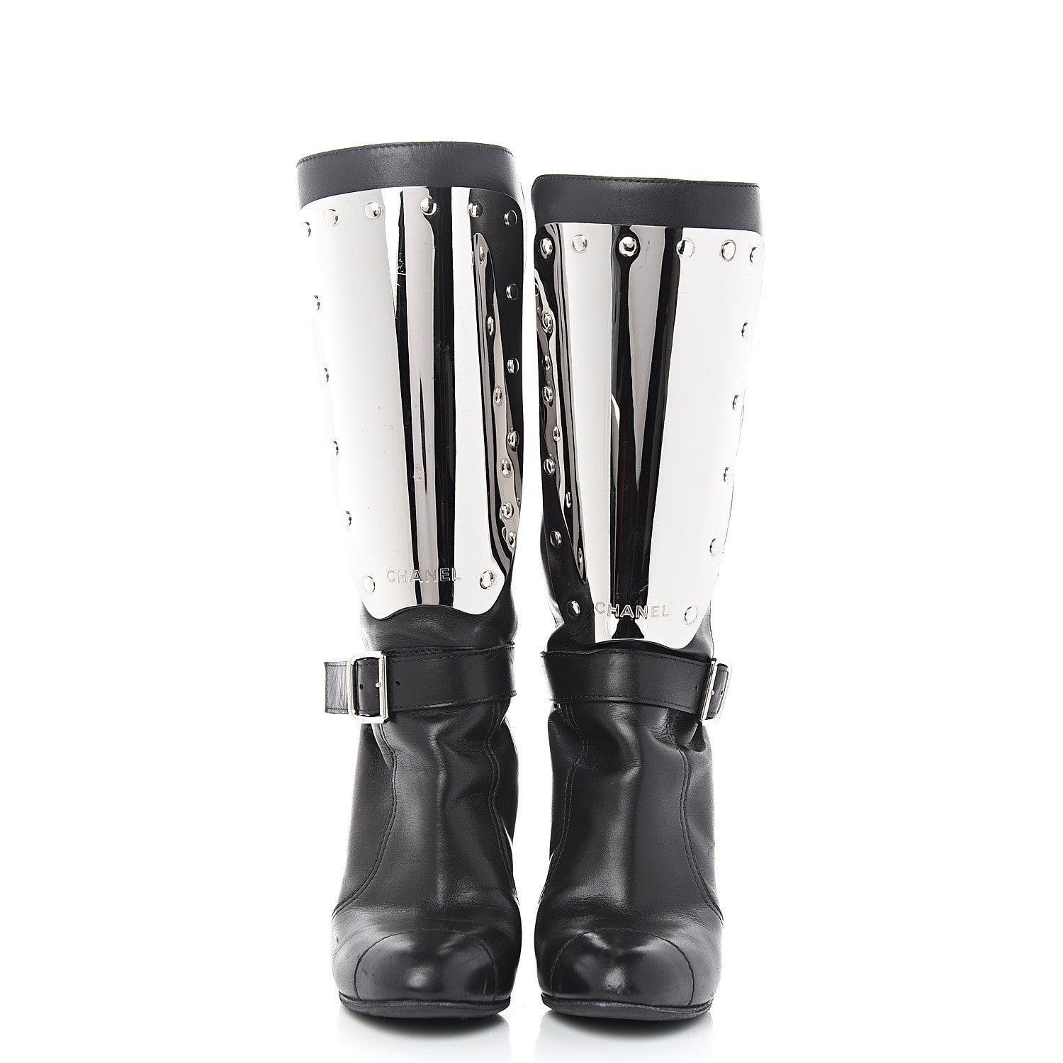 Chanel Calfskin Metal Plate Biker Boots 37 Black 2 of 8