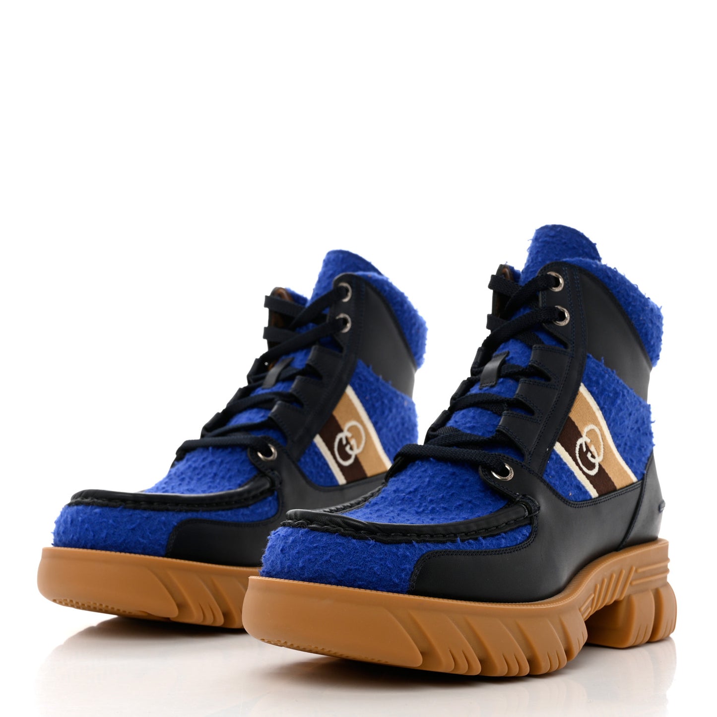 Casy Wool Quebec Calfskin Web Mens Interlocking G Lace Up Combat Boots 8.5 Blue China Blue