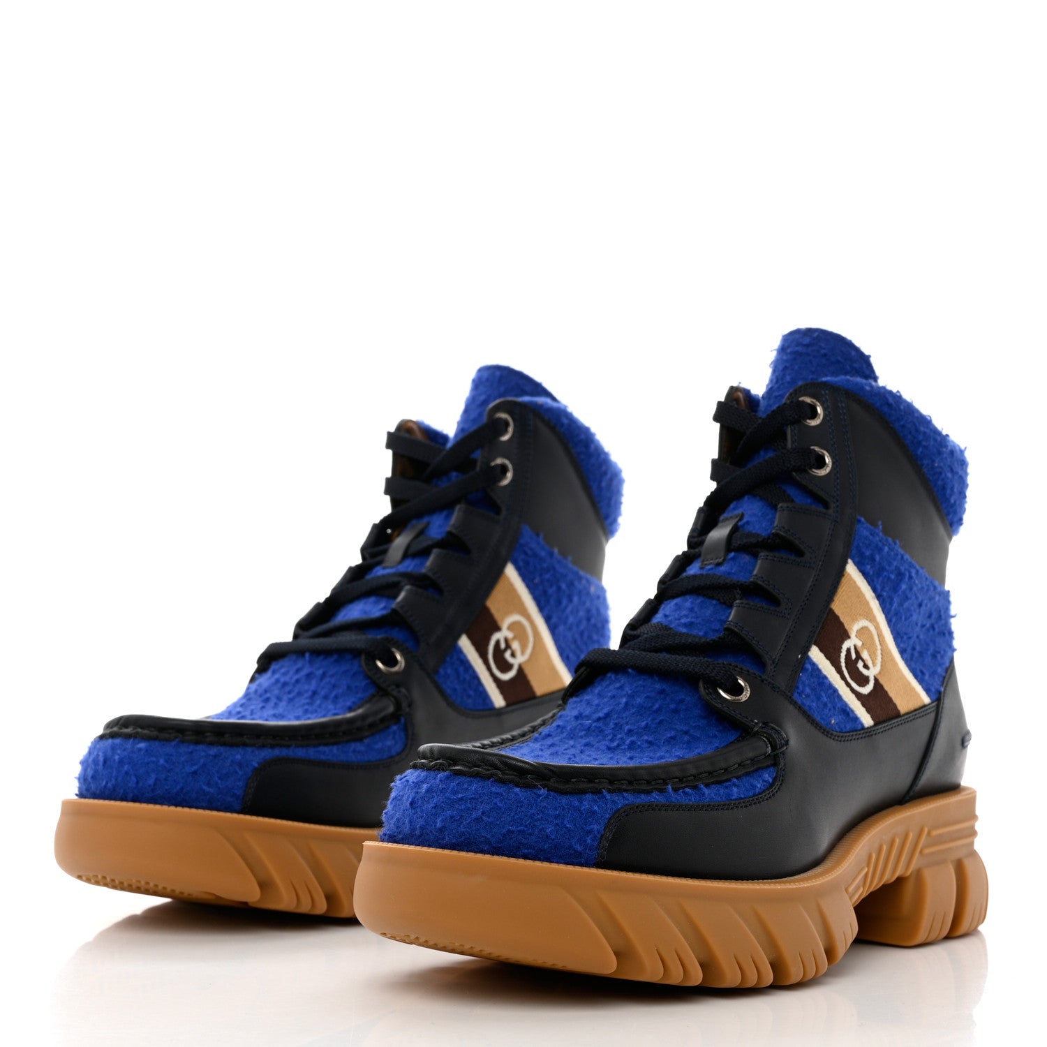 Gucci Casy Wool Quebec Calfskin Web Mens Interlocking G Lace Up Combat Boots 8.5 Blue China Blue 3 of 9