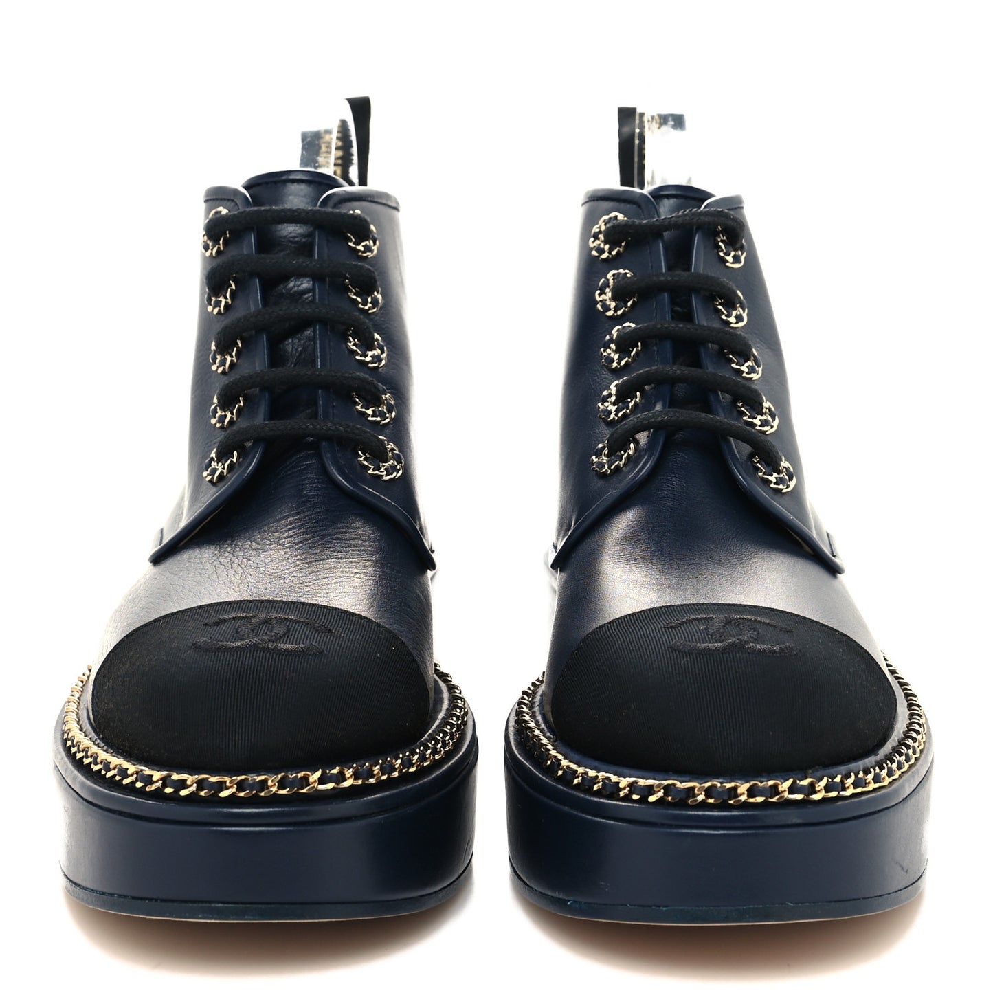 Calfskin Grosgrain Chain Lace Up CC Short Boots 36 Navy Black