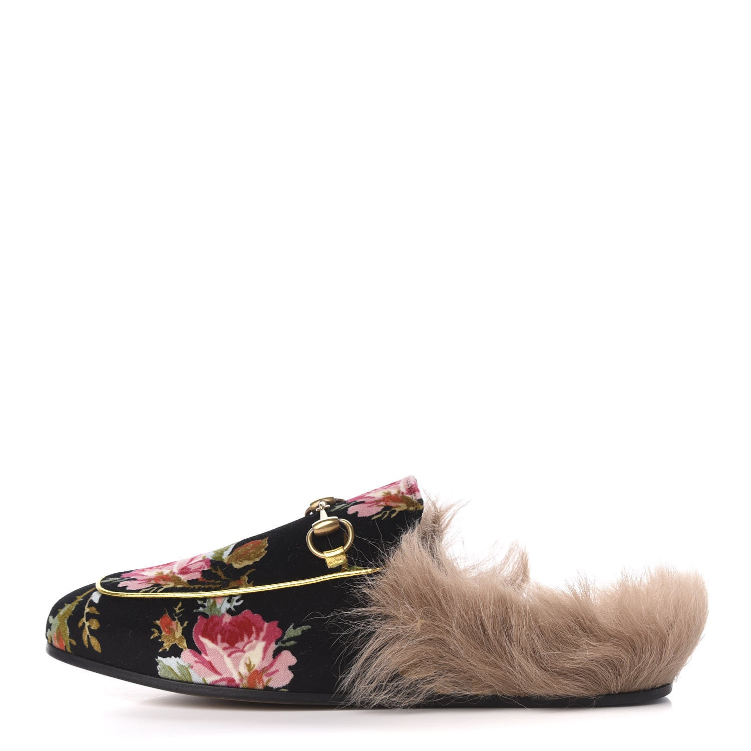 Gucci Velvet Fur Floral Princetown Slippers 36.5 Black 1 of 8