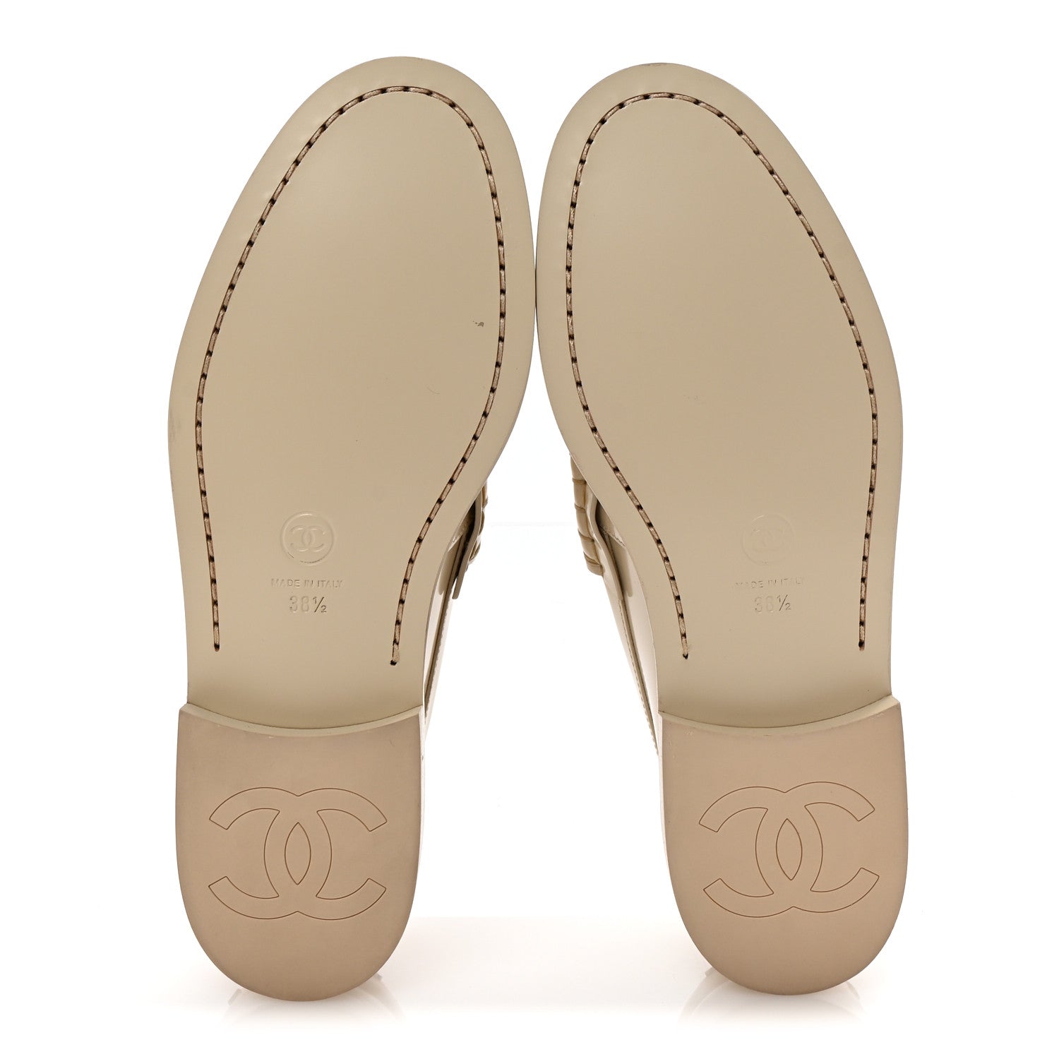 Chanel Shiny Calfskin Logo Loafers 38.5 Light Beige 6 of 10
