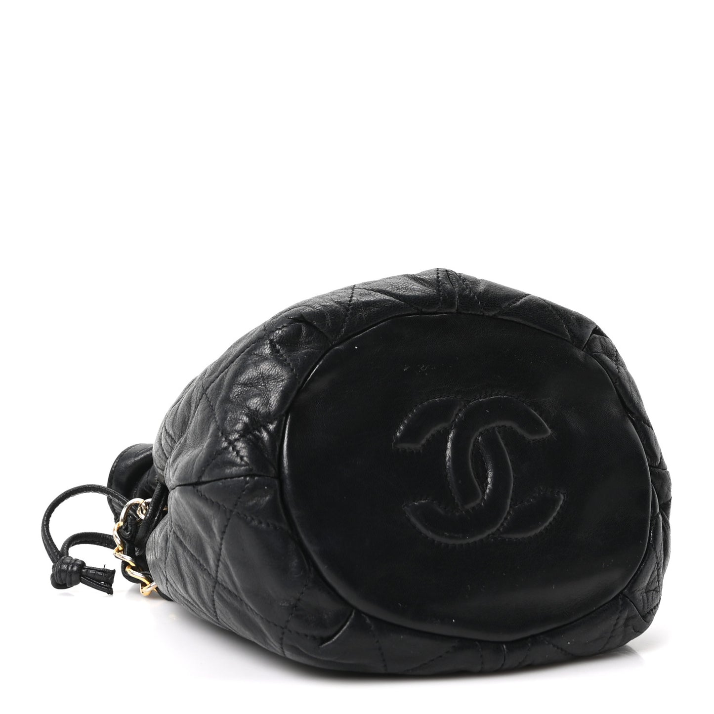 Lambskin Quilted Mini Drawstring Bucket Bag Black