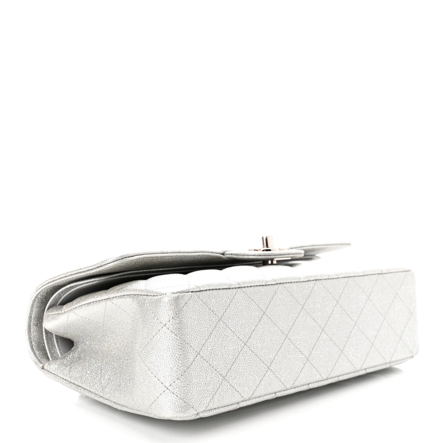 Glittered Metallic Caviar Quilted Medium Double Flap Silver