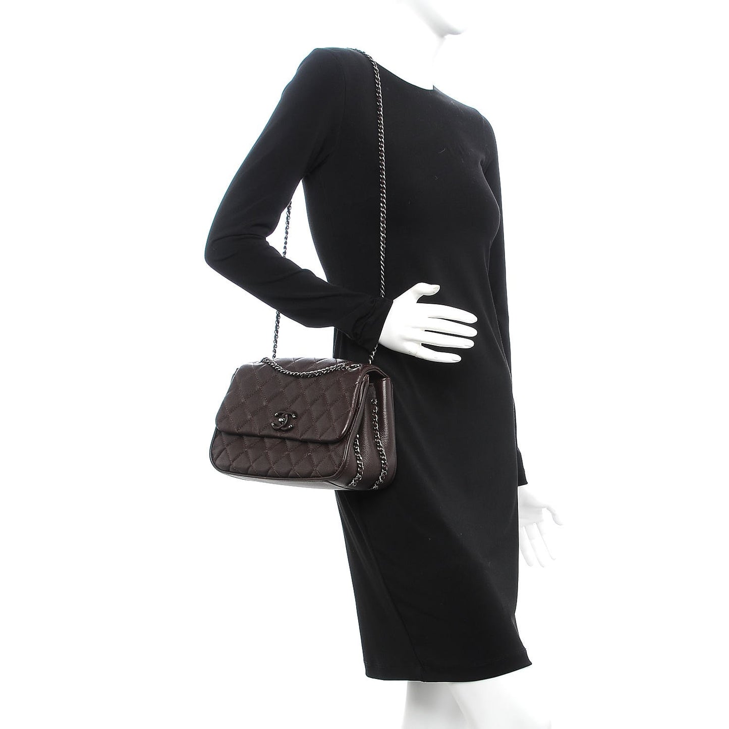 Grained Calfskin Quilted Medium Frame In Chain Flap Brown