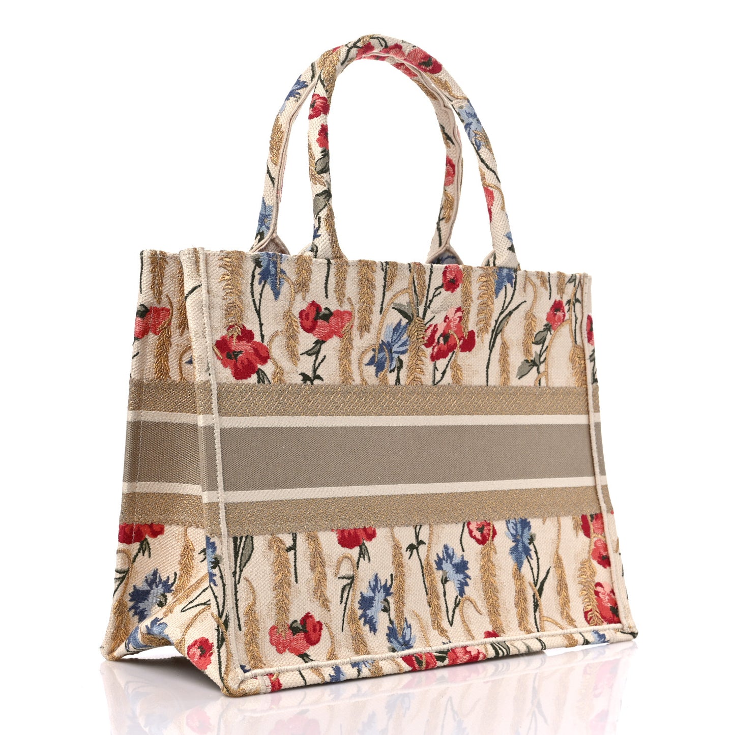 Canvas Embroidered Medium Hibiscus Book Tote Beige Multicolor