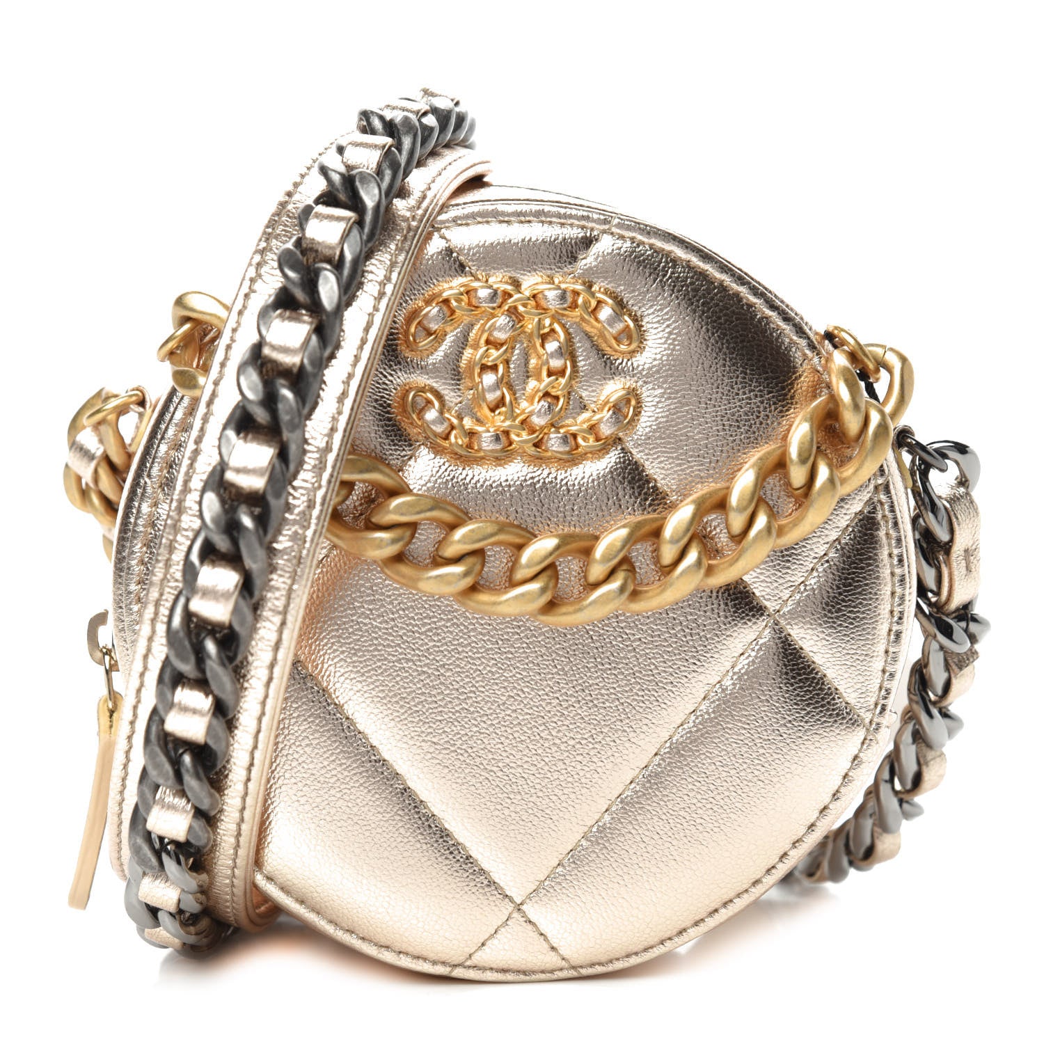 Chanel Metallic Lambskin Quilted Chanel 19 Round Clutch With Chain Gold 1 of 10