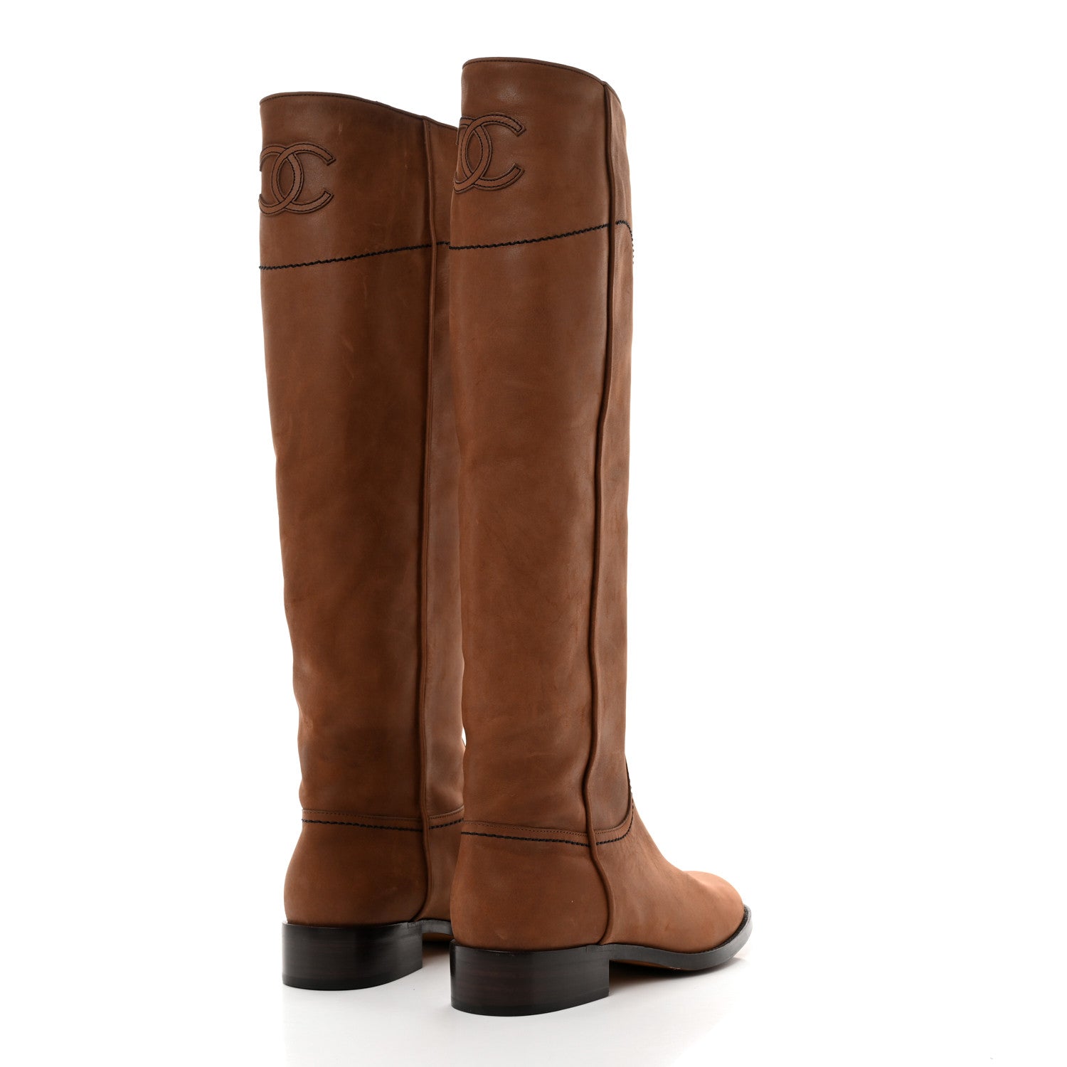 Chanel Calfskin Ascot Knee High CC Boots 37.5 Light Brown 4 of 7