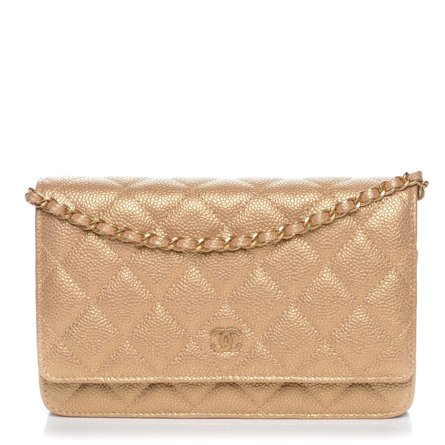 Pearly Caviar Quilted Wallet On Chain WOC Gold