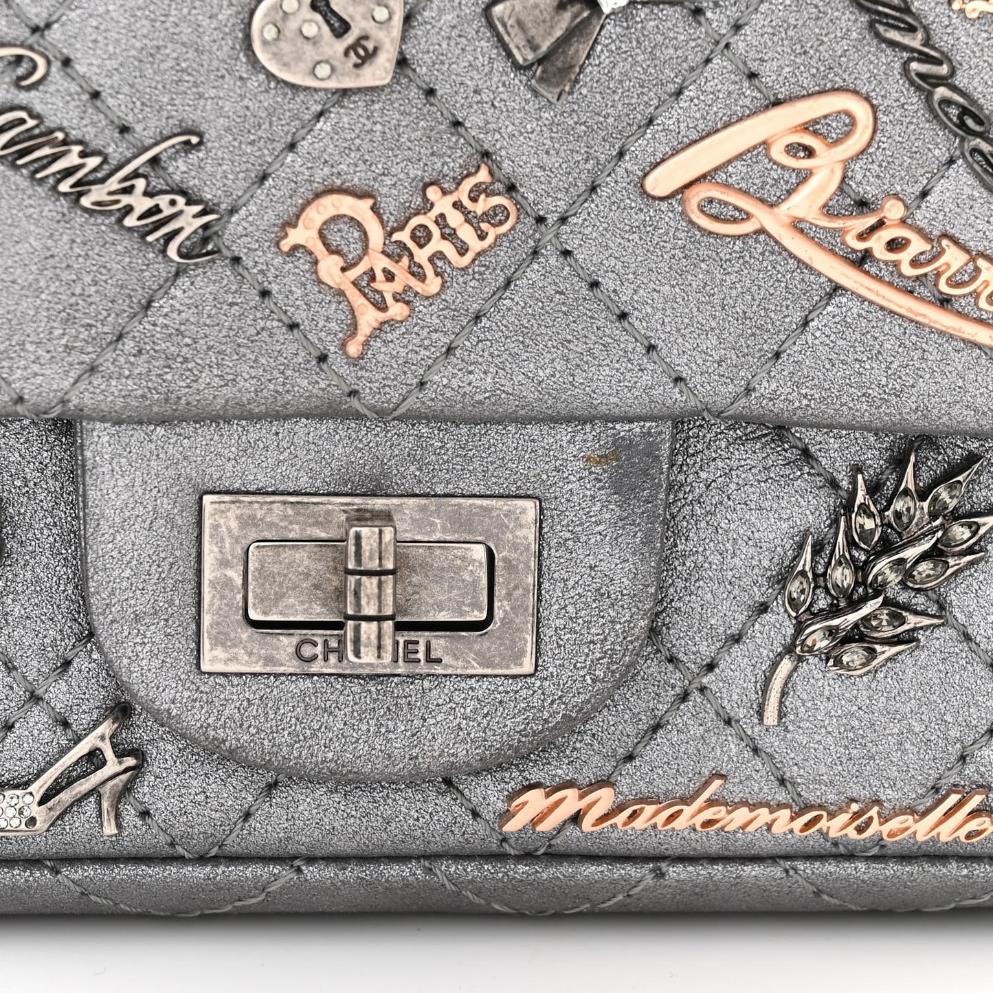 Metallic Calfskin Quilted Lucky Charms 2.55 Reissue 224 Flap Dark Silver