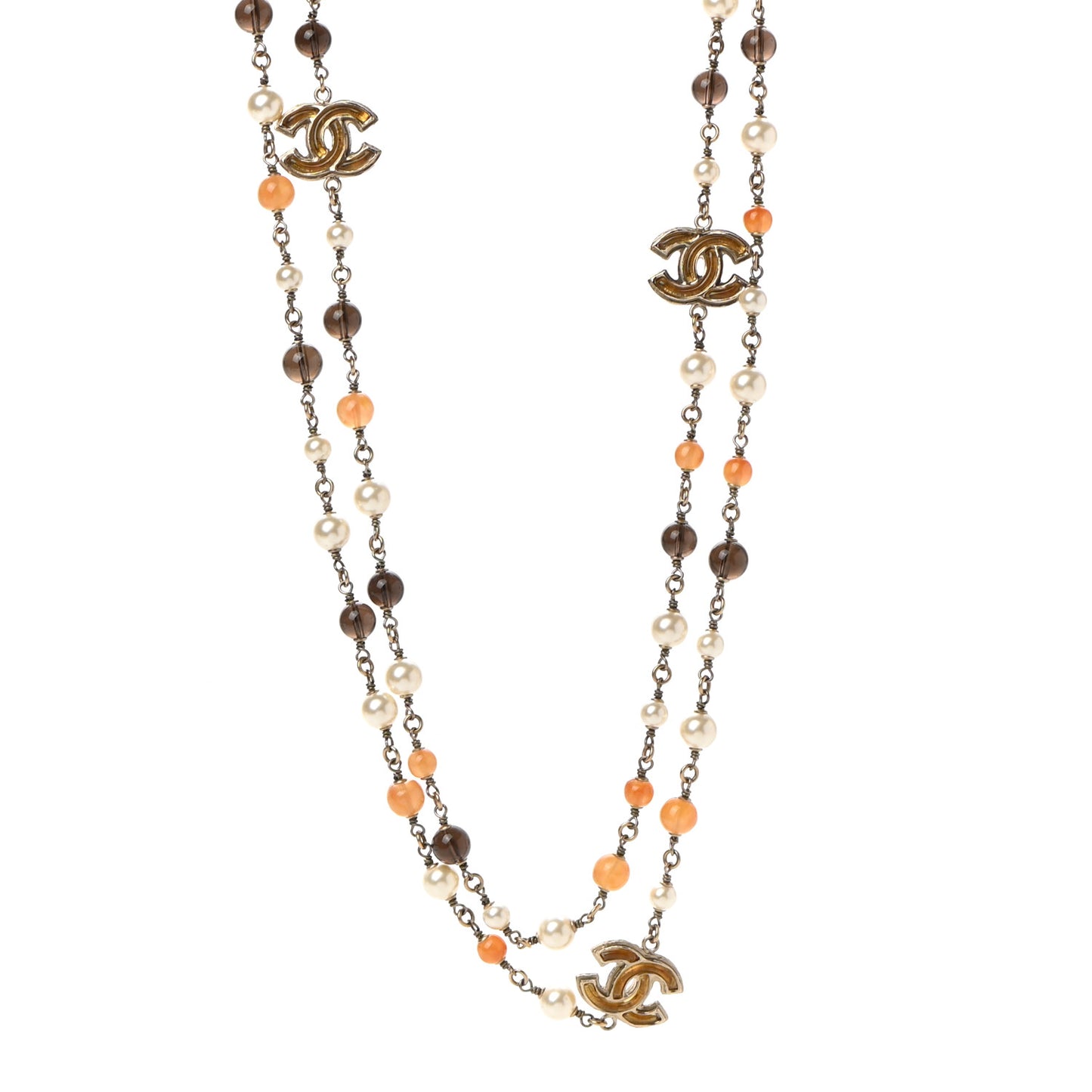 Enamel Bead Pearl CC Long Necklace Brown Silver