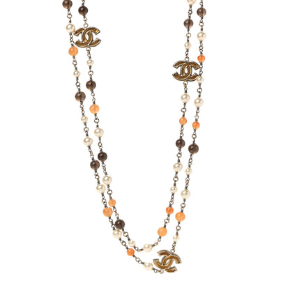 Chanel Enamel Bead Pearl CC Long Necklace Brown Silver 1 of 7
