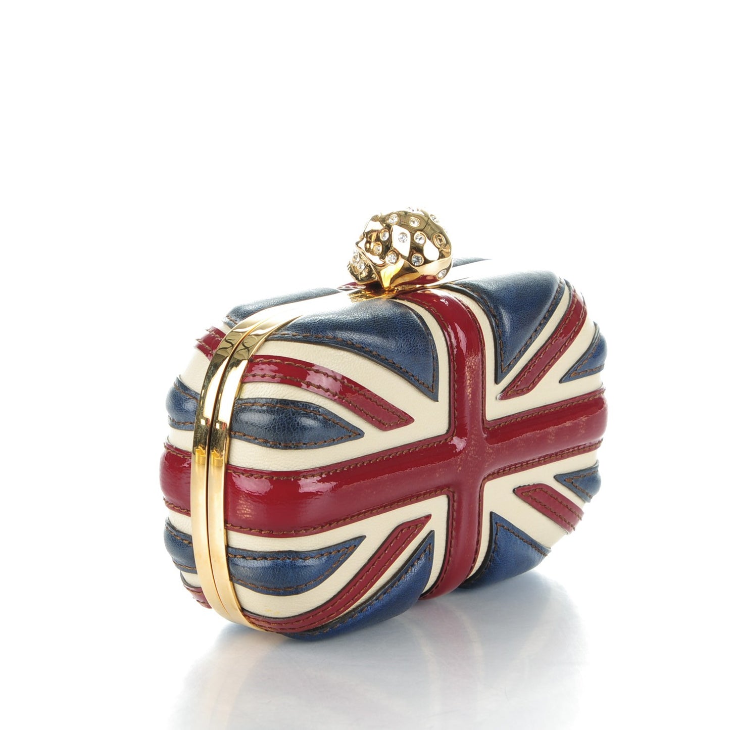 Patent Calfskin Britannia Skull Box Clutch Red Blue