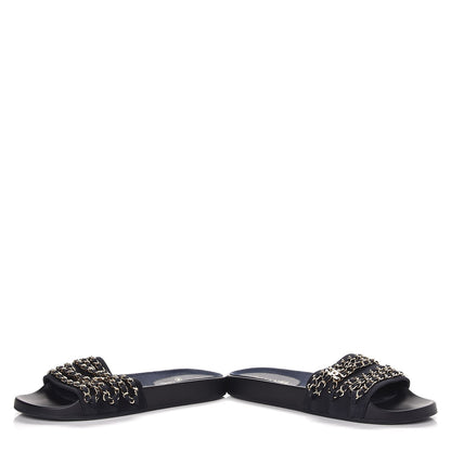 Chanel Lambskin Canvas Chain Flat Sandals 39 Marine 6 of 11