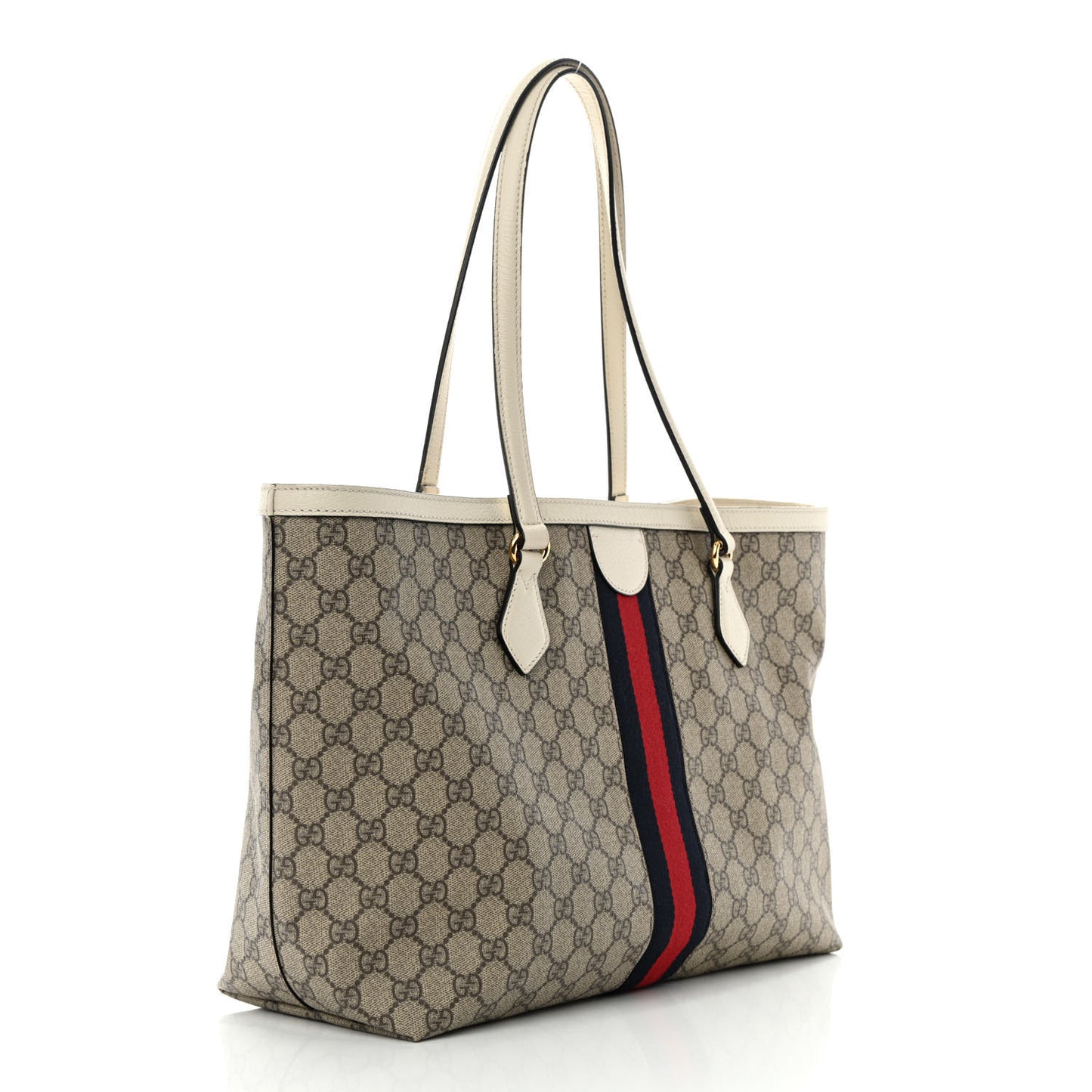 GG Supreme Monogram Textured Dollar Calfskin Web Medium Ophidia Shopping Tote Beige Ebony Mystic White