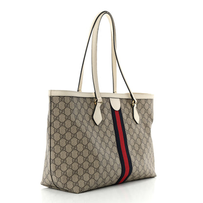 Gucci GG Supreme Monogram Textured Dollar Calfskin Web Medium Ophidia Shopping Tote Beige Ebony Mystic White 3 of 16